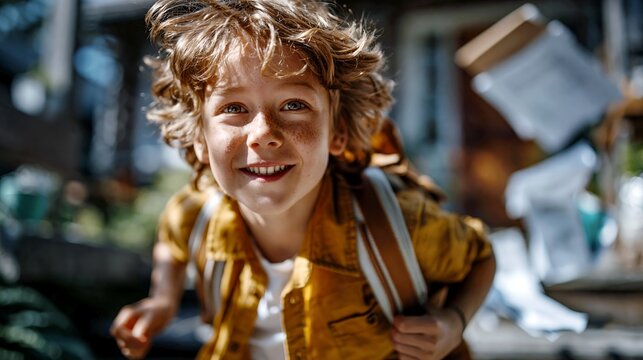 Happy school child running out of a school building into warm summer sunlight