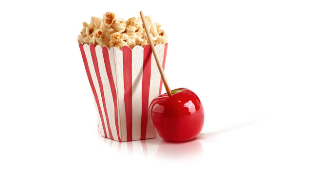 Striped popcorn box with red candy apple on white background