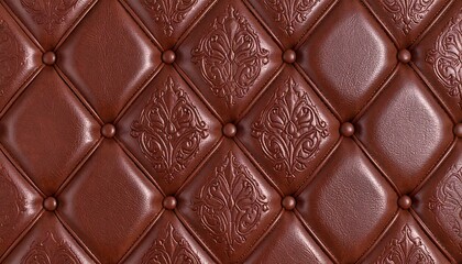 Fototapeta premium Brown leather upholstery with diamond-shaped quilting and decorative patterns