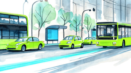 Obraz premium Vibrant green urban transportation scene with cars and buses in cityscape