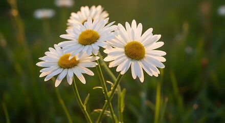 Obraz premium Daisy Flowers in Warm Golden Sunlight a Fresh Spring Meadow