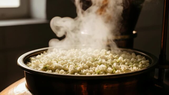 Steaming jasmine flowers in traditional copper bowl aromatic herbal infusion spa ritual natural fragrance concept warm light close up