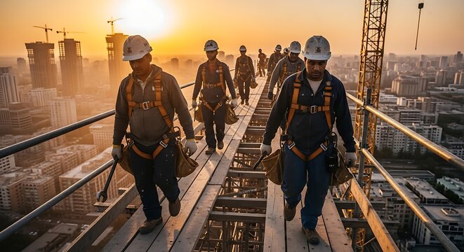 Construction workers on scaffolding.