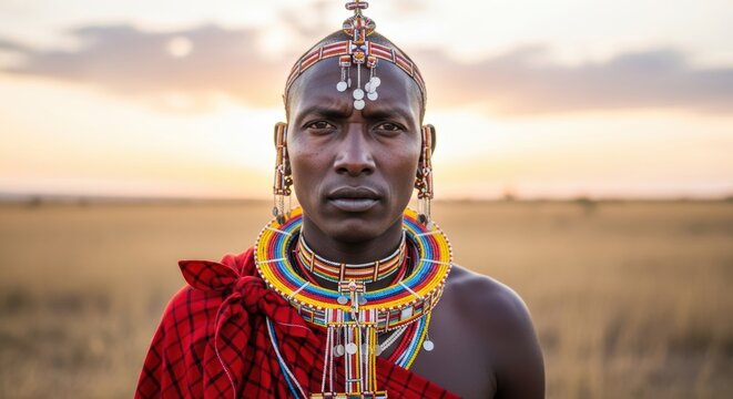 Maasai man, southern Kenya and northern Tanzania, calm but intense, traditional shuka and beaded adornments, half-body portrait