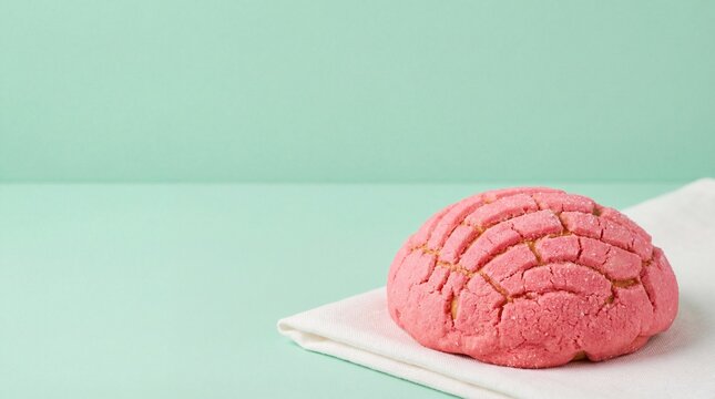 Pink sweet bread concha on a napkin against a pastel green background