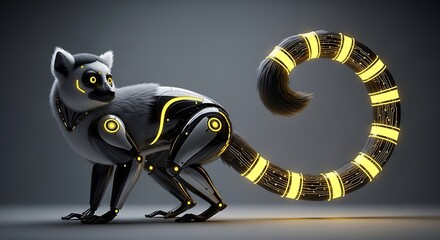 Fototapeta premium A futuristic robotic lemur with glowing yellow circuits.