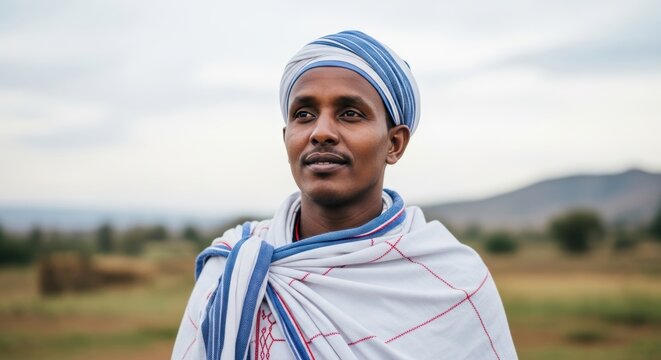 Oromo man, Ethiopia, wearing turban and traditional white and blue cloak, calm and wise expression, cultural outdoor portrait, East African ethnic heritage