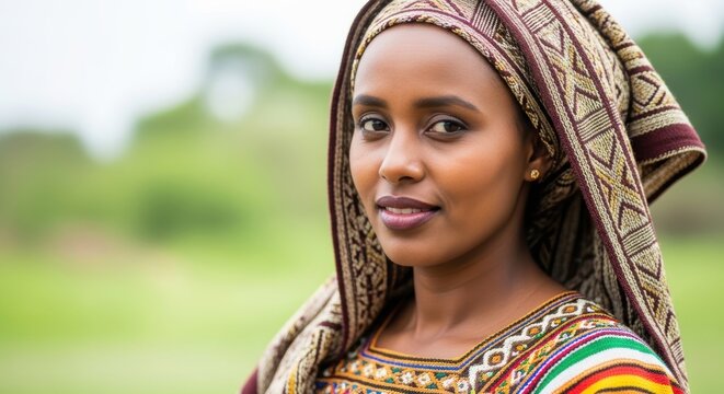 Oromo woman, Ethiopia, wearing traditional wrapped headscarf and embroidered dress, serene and proud expression, close-up portrait, East African cultural heritage