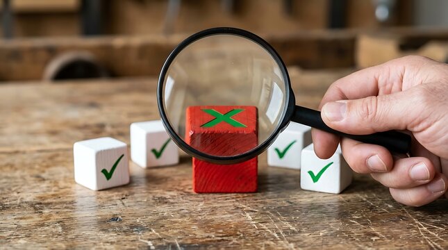Close up of a hand examining a red cube with an x mark under a magnifying glass contrasting with approved cubes marked with green checkmarks on a textured wooden surface. Ideal for business quality as
