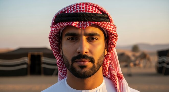Portrait of a Bedouin man, intense and proud gaze, Arabian Peninsula, wearing red and white Keffiyeh with black Agal, desert with tents and camels