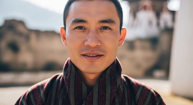 Portrait of a Bhutanese man, serene smile, wearing traditional striped Gho with embroidered Kera belt, Dzong monastery background
