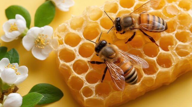 Honeycomb with bees on yellow background, nature and agriculture concept, pollination and organic production.