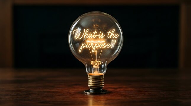 A vintage style lightbulb with an illuminated filament and the handwritten question What is the purpose? on a dark wooden surface ideal for motivational business or educational marketing materials.