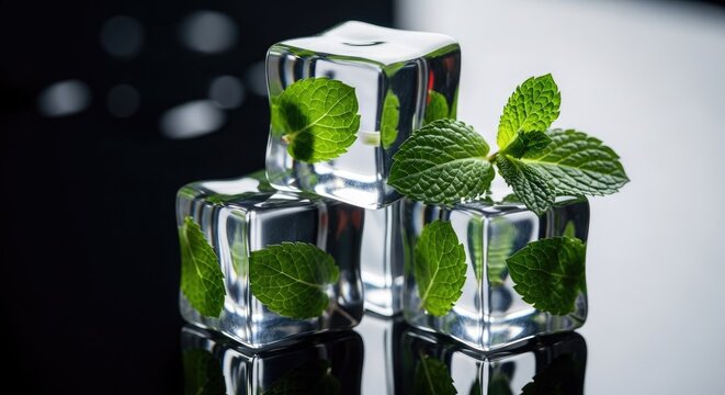 Refreshing frozen water blocks containing green herbal leaves provide a chilly sensation for beverages while enhancing the visual presentation of cold drinks served during warm summer weather
