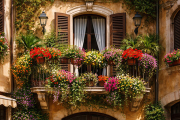 Fototapeta premium Traditional flowered balcony at the Alps and Dolomites. Colorful flowers on balcony. Summer time. Mix of flowers and colors. General contest of the European Alps