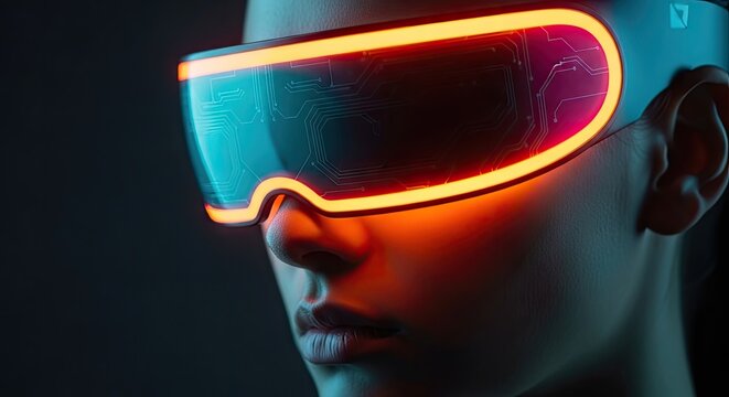 Person wearing glowing augmented reality eyewear headset for immersive digital experience viewing virtual interface projection exploring futuristic software navigation technology in a simulated