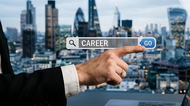 A businessman in a suit clicks the career search button on a laptop screen set against a vibrant cityscape backdrop ideal for business education and career development marketing materials.