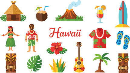 Tropical Paradise Hawaii Vacation Vector Illustration Featuring Volcanic Eruption Beach Bungalows Hula Dancer and Summer Party Elements for Island Travel and Holiday Tourism Designs © Mst