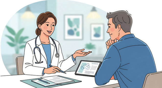 A female doctor consulting with a male patient in a modern medical office