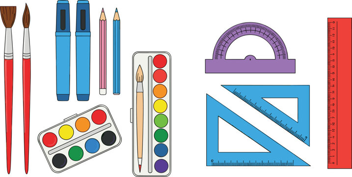 Colorful School Art and Math Supplies Set with Brushes Watercolor Markers Ruler Protractor and Triangle Collection