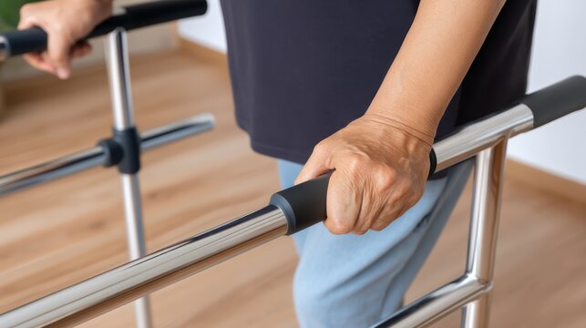 Person using walker indoors, rehabilitation and mobility support, healthcare and recovery concept.