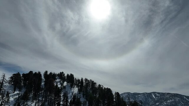 Snowcrest Aerial Shot of Winter Mountain Snow Forest Sun Halo California USA