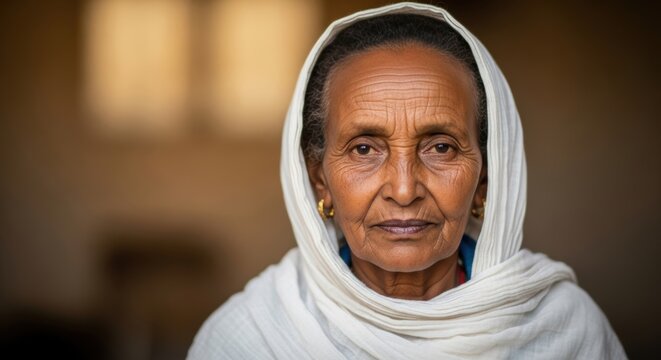 Elderly Amhara woman, Ethiopian highlands, dignified and peaceful, white Netela with colorful border, close-up portrait