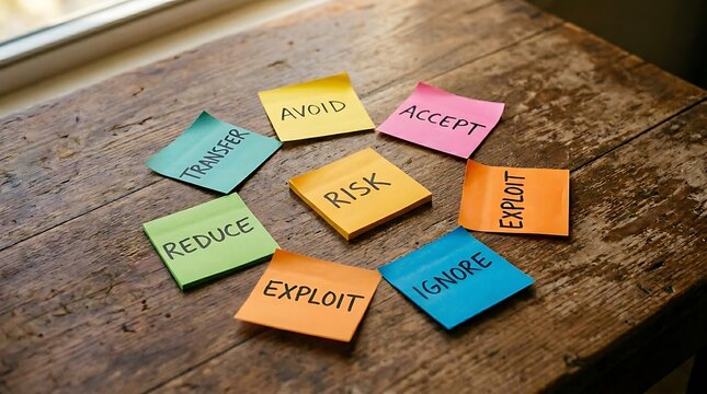 Bright sticky notes labeled with strategic business terms like avoid accept risk and exploit arranged on a rustic wooden surface. Perfect for business marketing and educational content.