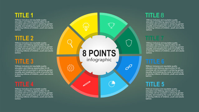 Vector infographic template with circle wheel divided into 8 sections. Business presentation design for statistics, marketing analysis, KPI report, process diagram, and data visualization.
