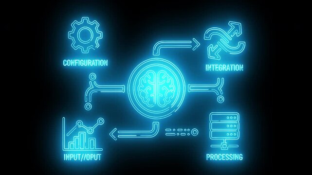 Neon-lit illustration of a brain with data processing and integration icons on a black background.