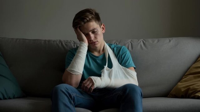 Young man with broken arm in a sling and cast. Sad teenage boy sitting on a couch after an accident. Recovery and medical care concept