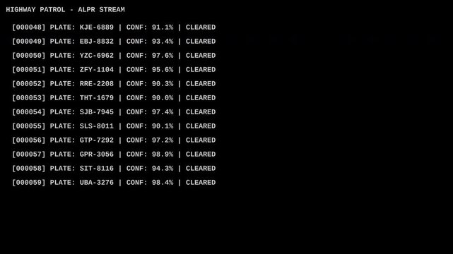 Automated license plate reader ALPR highway patrol stream detecting vehicles and flagging a hot list match intercept