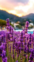 Purple flowers in bloom at sunset, nature and beauty, floral landscape concept.