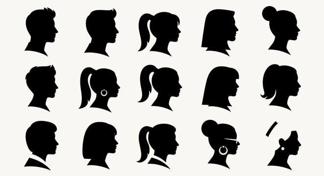 Set of 15 black silhouette profile portraits of diverse men and women with various hairstyles and accessories like earrings and glasses, vector illustration of human head profiles