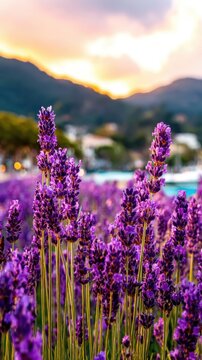 Purple flowers in bloom at sunset, nature and beauty, floral landscape concept.
