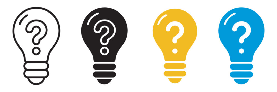 Light bulb question mark icon set, idea innovation symbol, flat minimal lightbulb design, vector illustration collection