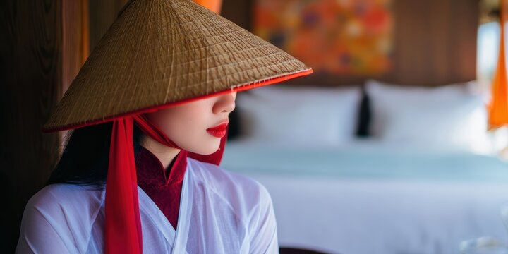 屋内で帽子をかぶった伝統的な衣装を着た女性