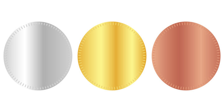 Award golden, silver and bronze blank medals 3d vector realistic illustration. First, second and third place medals or buttons isolated on white background. Quality blank, empty badge, emblem set.