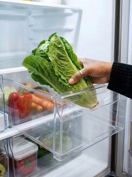 Person taking fresh green lettuce from a clear crisper drawer in an open fridge, healthy eating.