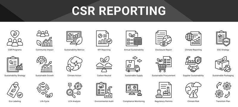 CSR REPORTING  Icon set collection. Vector icon pack featuring thematic icons for your presentations or business.