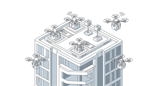 Futuristic Drone Delivery Hub on Skyscraper Rooftop, Autonomous Quadcopters Carrying Packages, Isometric Line Art Illustration for Smart City Logistics Concept