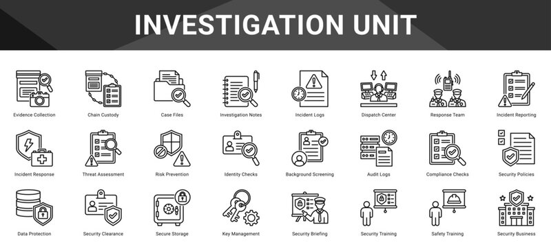 INVESTIGATION UNIT  Icon set collection. Vector icon pack featuring thematic icons for your presentations or business.
