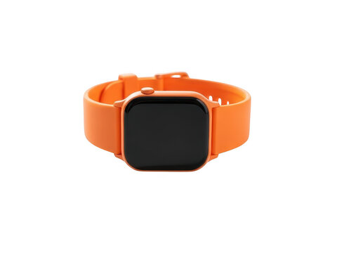 Modern smartwatch with orange strap on white background
