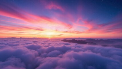 Fototapeta premium Pink and purple sunrise in the mountains with white clouds at the horizon.