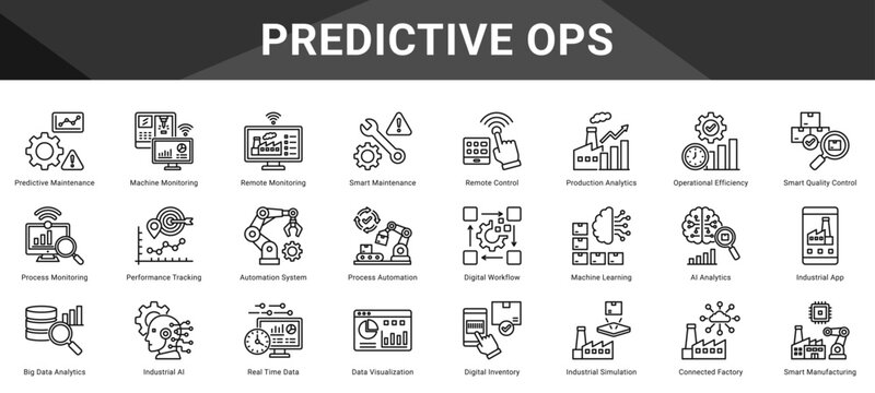 PREDICTIVE OPS  Icon set collection. Vector icon pack featuring thematic icons for your presentations or business.