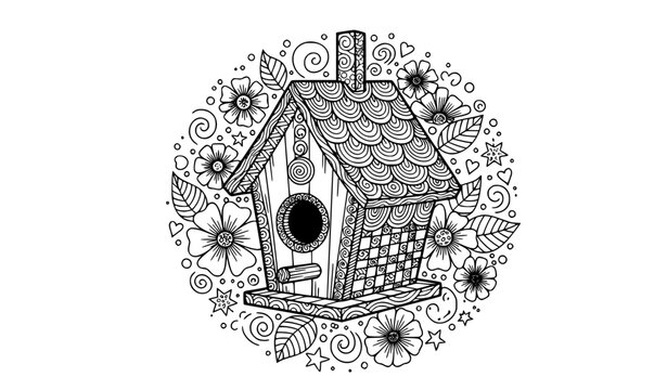 SEO Title
Decorative bird house coloring page zentangle doodle art therapy outline illustration printable