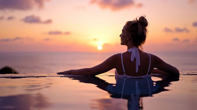 Woman relaxing in an infinity pool overlooking the ocean at sunset