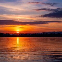 Obraz premium Sunset over the lake with vibrant colors and reflections, peaceful scenery.