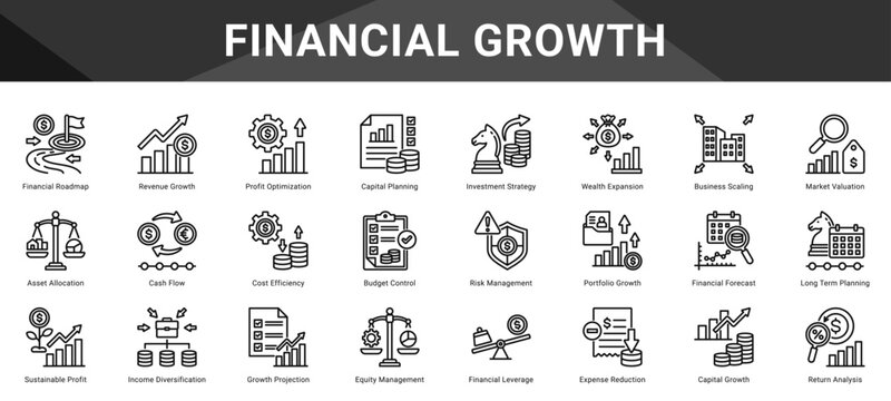 FINANCIAL GROWTH  Icon set collection. Vector icon pack featuring thematic icons for your presentations or business.