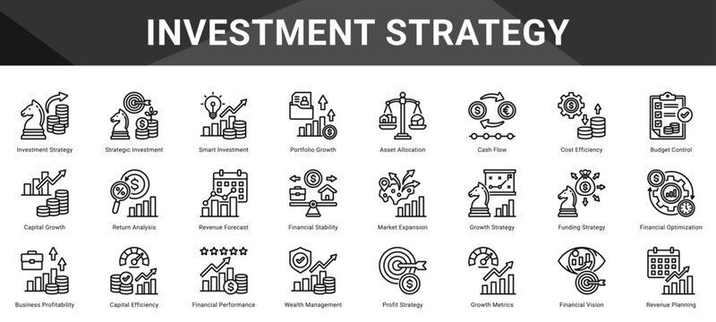 INVESTMENT STRATEGY  Icon set collection. Vector icon pack featuring thematic icons for your presentations or business.